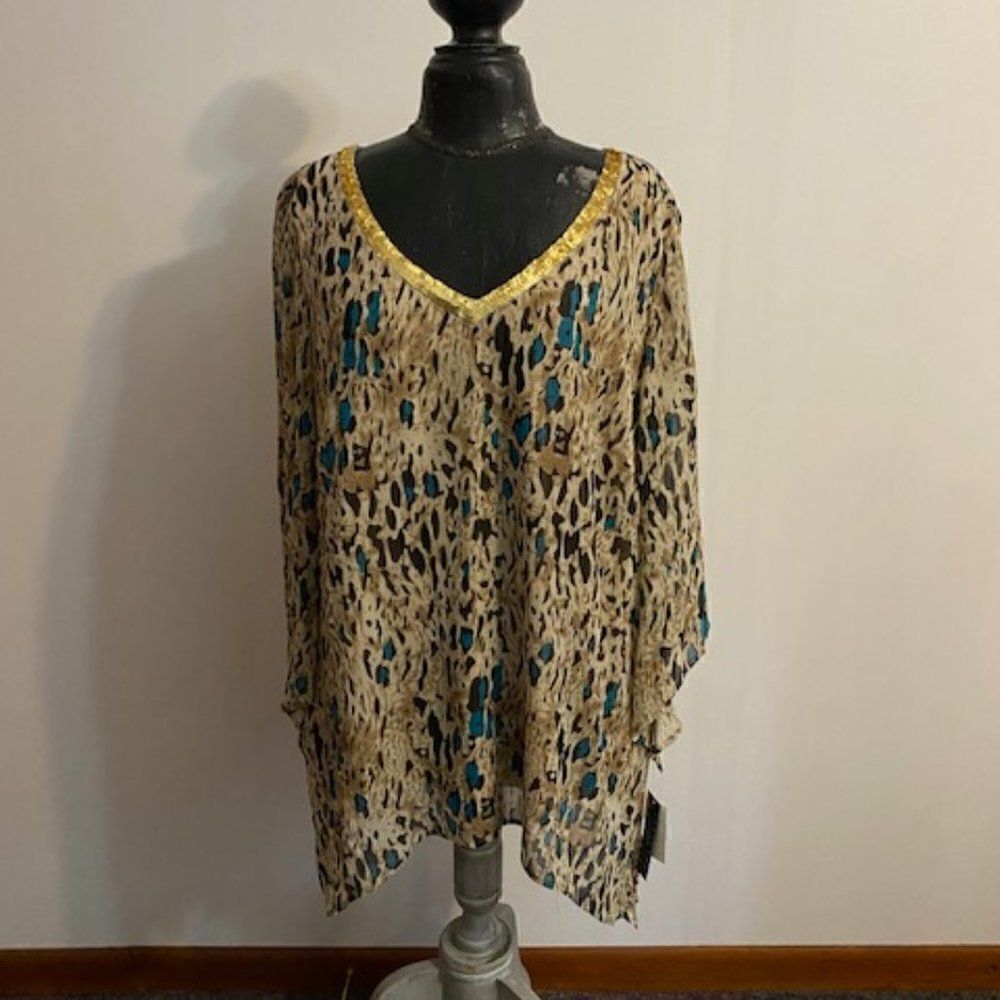 Sara Michelle Leopard print V-neck Khaki/Teal/Black embellished top, size 2X